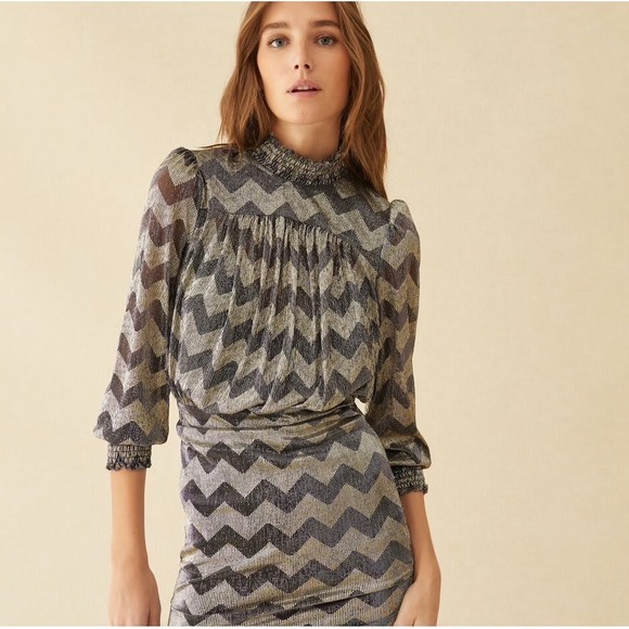 ba&sh Dresses & Skirts - ba&sh Goldy Dress Size XS Anthracite Silver Metallic Chevron High Neck Chic Sexy